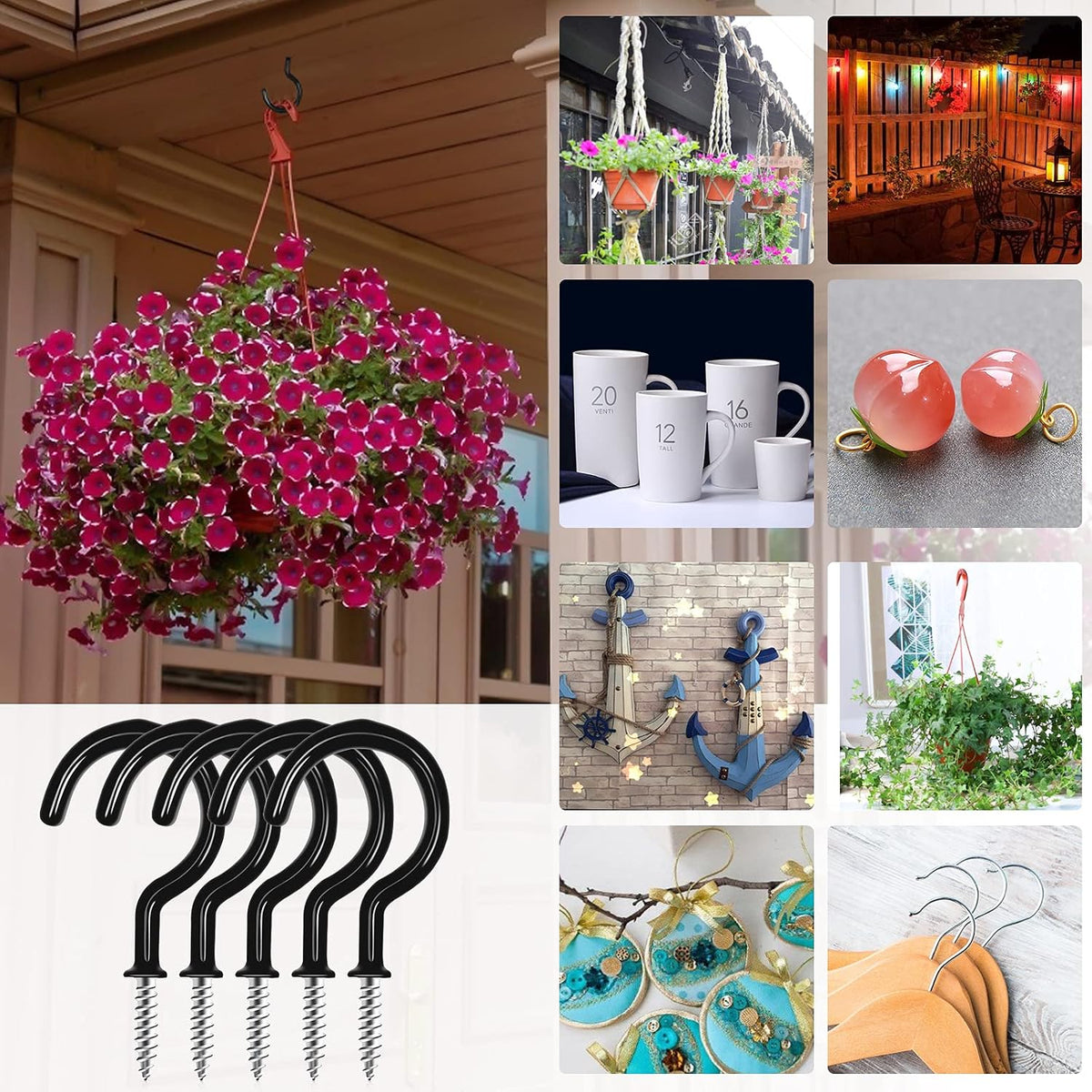 Cup Screw Hooks,1-1/2 inch Vinyl Coated Ceiling 45 Pack Screw in Hooks Plant Hanger Kitchen Cup Hooks Great for