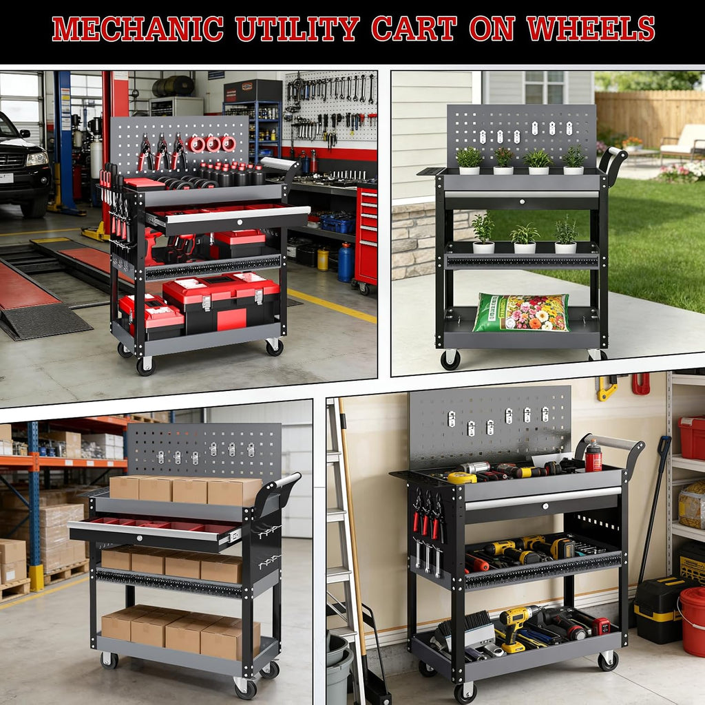 3 Tier Rolling Tool Cart On Wheels, Mechanic Tool Cart,Industrial Utility Cart with Drawers & Pegboard,440 LBS Heavy