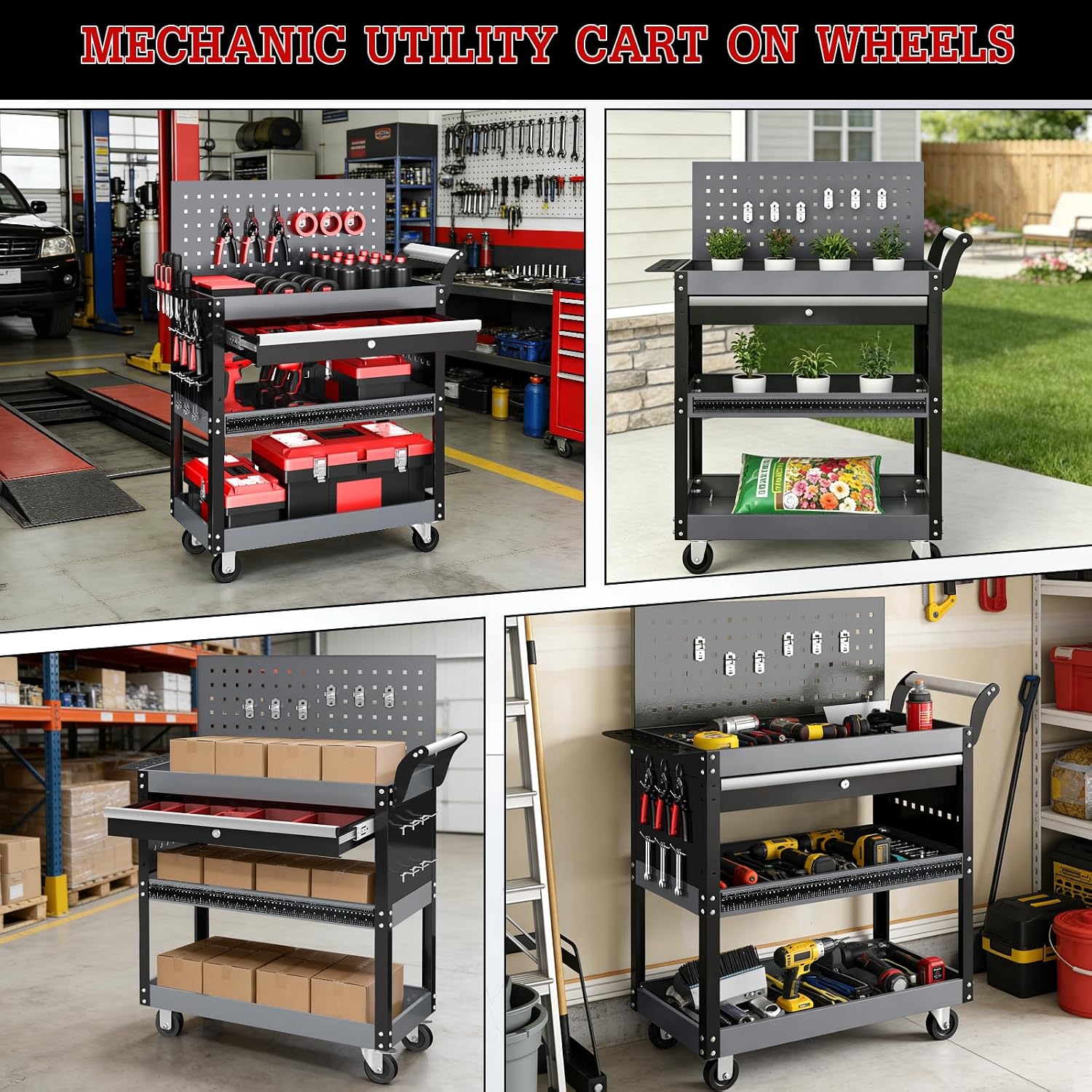 3 Tier Rolling Tool Cart On Wheels, Mechanic Tool Cart,Industrial Utility Cart with Drawers & Pegboard,440 LBS Heavy
