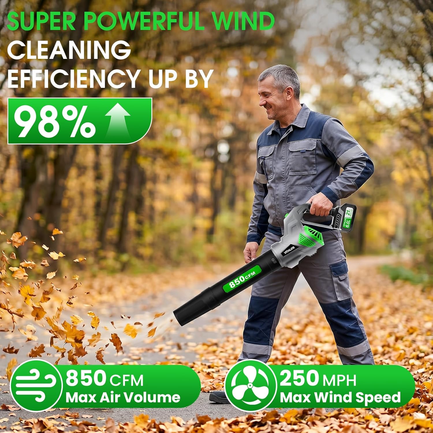 Leaf Blower Cordless, Brushless Blower 850 CFM 250 MPH with 2 Batteries | Powerful Electric Blower with 2 x 6.0Ah