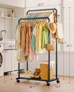 Double Rod Clothes Rack Mesh Shelf & Hooks, 28.7x16.5x59.1, Black