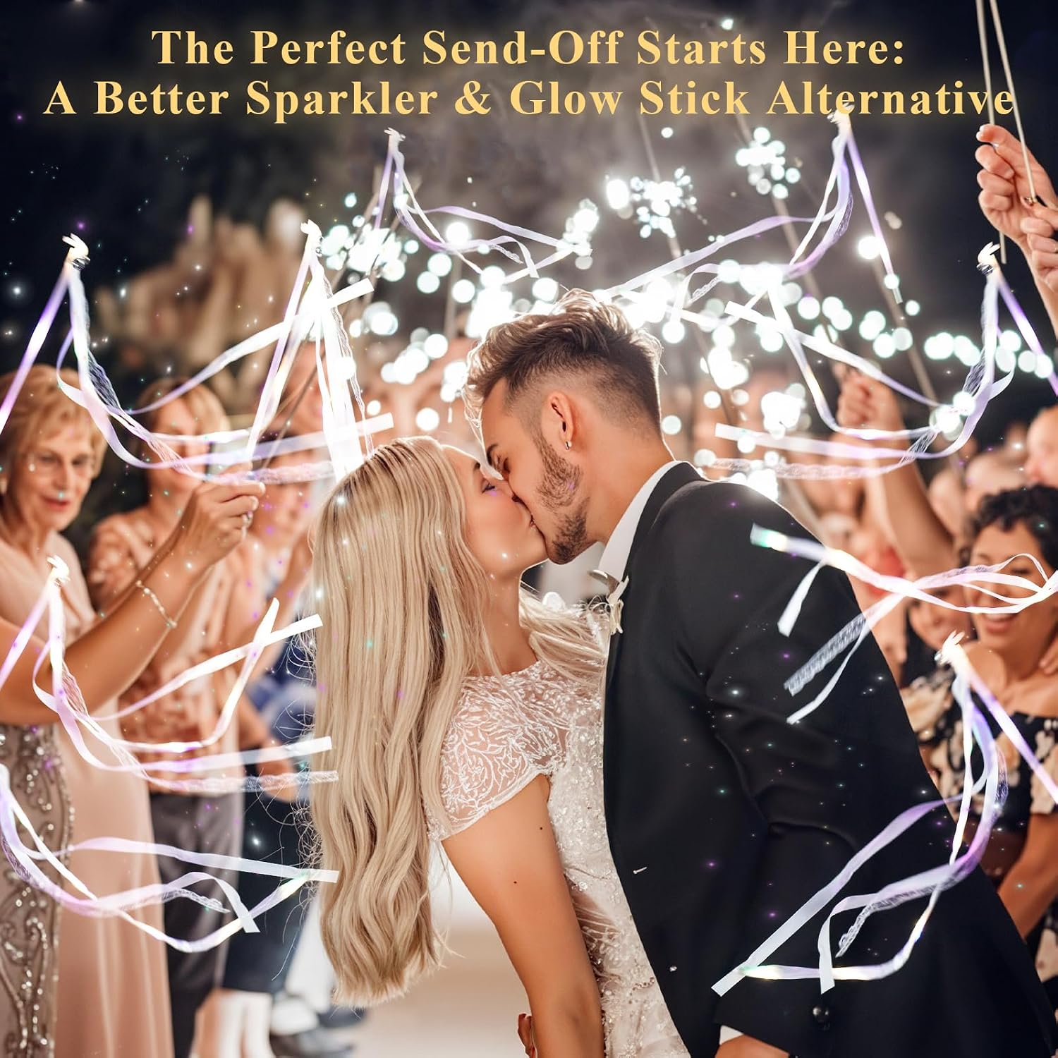 100 Wedding Send Off Light Up Wands with 4-Color LED Ribbons,Flashing Magic Wands with Bells & Streamers,Safe
