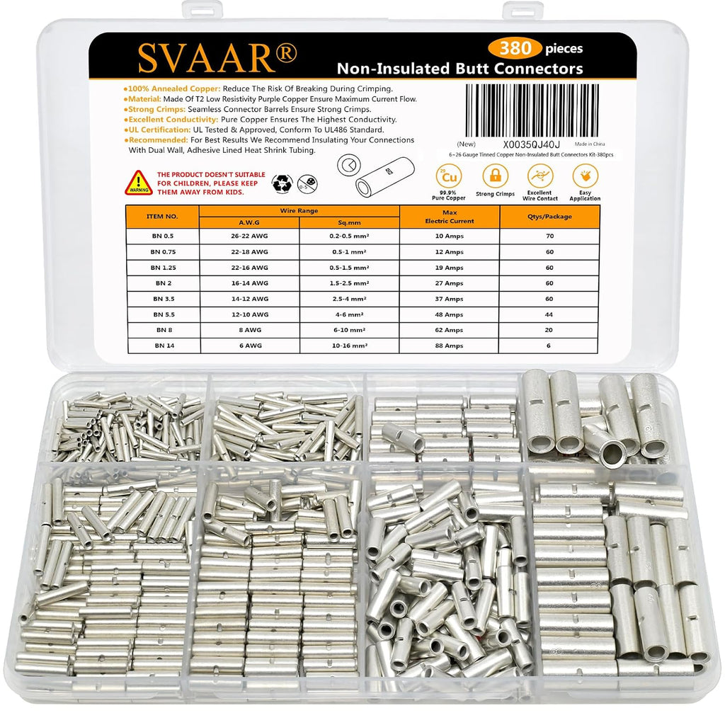 380PCS Non Insulated Butt Connectors Kit Butt Splice Connector Uninsulated Wire Splice Connectors for 26 to 6 Gauge