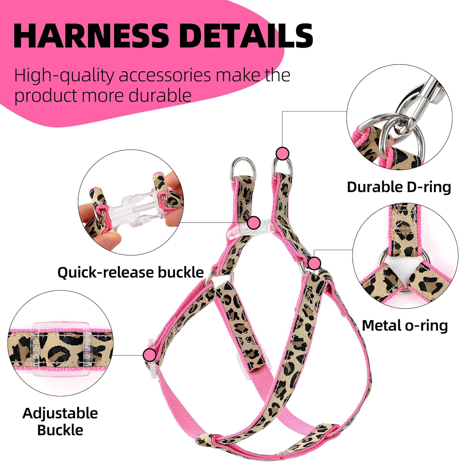 Leopard Dog Harness Collar Leash Set, Adjustable No Pull Dog Halter Harness for Small Breed Dogs, Easy Control for