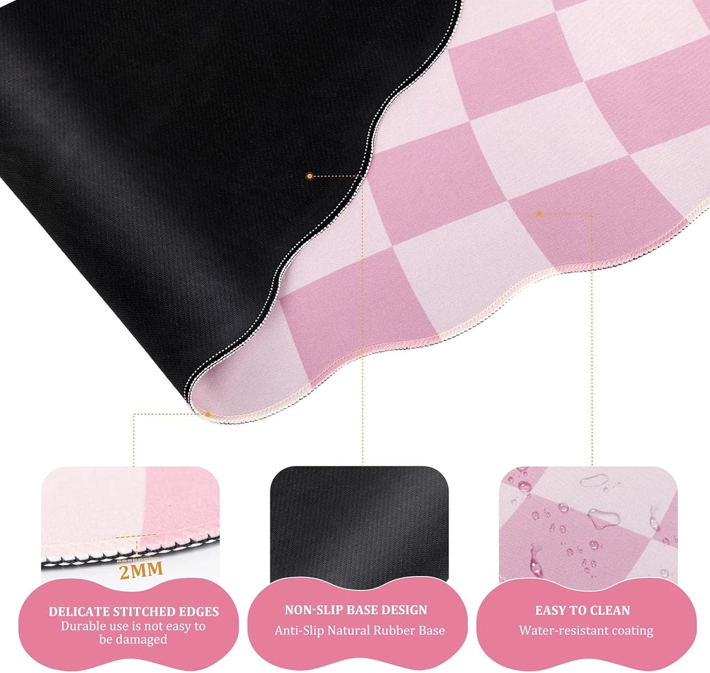 Pink Checkered Mouse Pad Set,Scalloped Pastel XXL Desk Mat Set | Desk Mat+Ergonomic Mouse Wrist Rest+Gel Keyboard