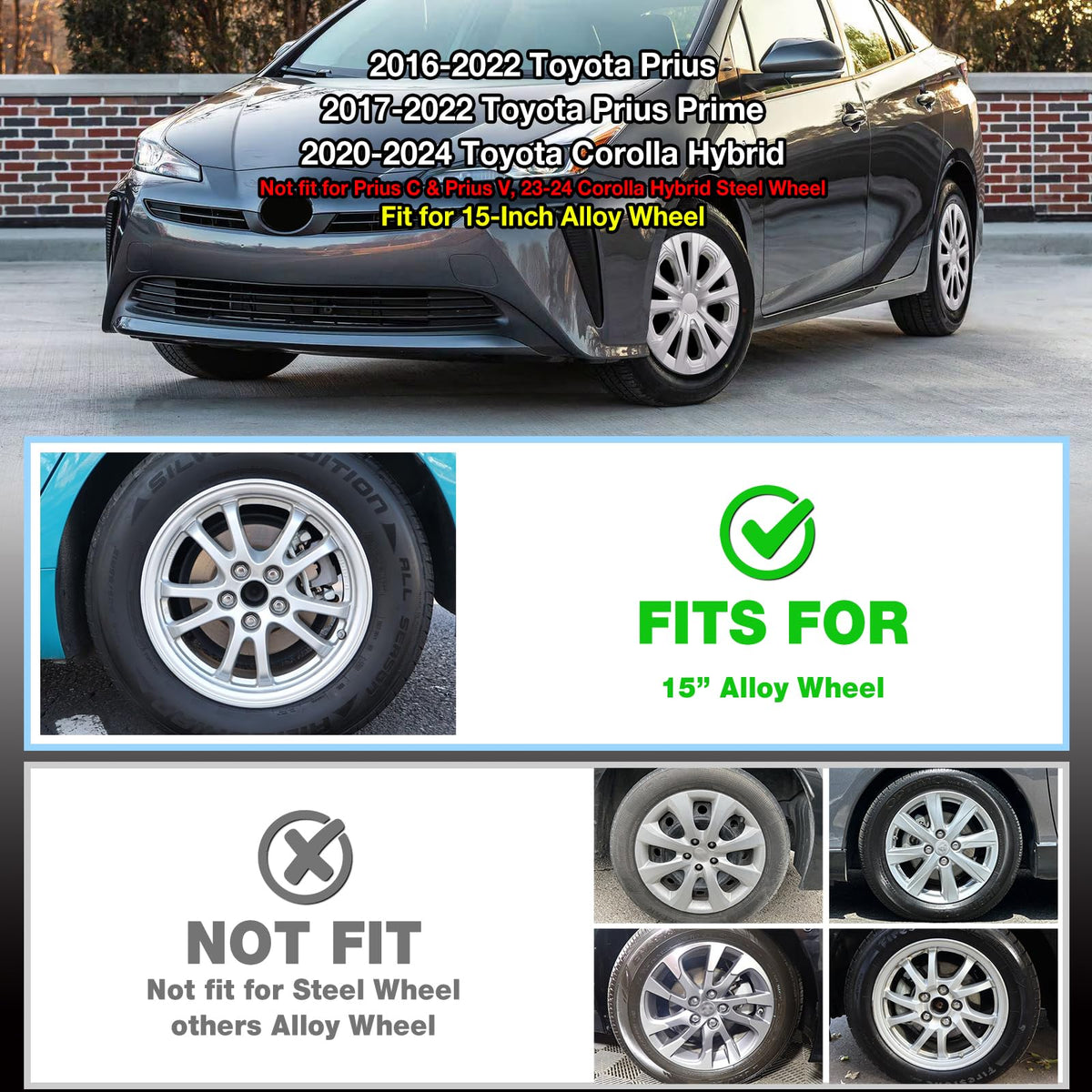 Set of 4 15inch Hubcaps Wheel Covers for 2016-2022 Toyota Prius