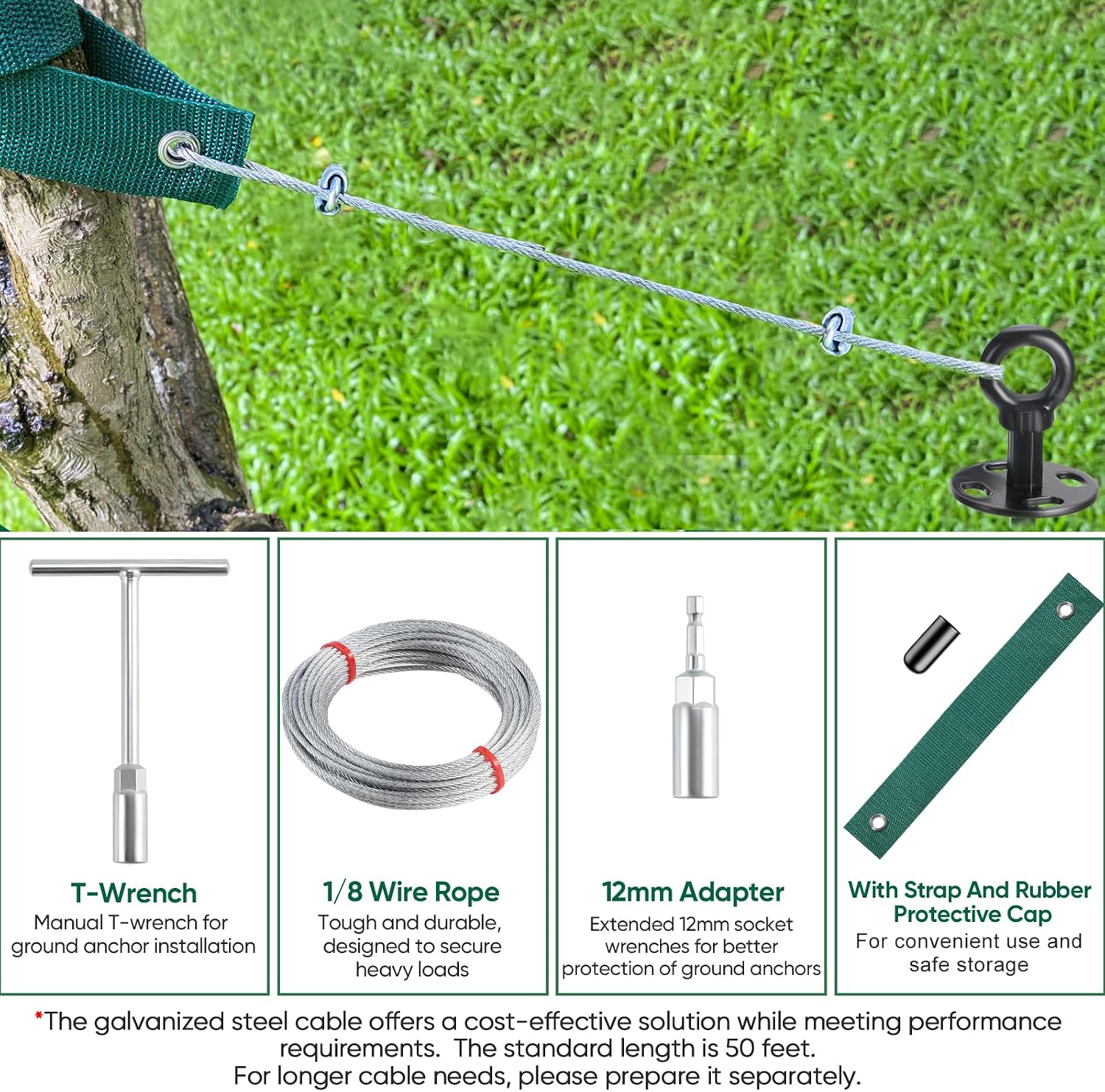 18'' Ground Anchors Screw in Heavy Duty, Shed Anchor Kit with Straps & Steel Cable & Tools, Earth Anchors for Mobile