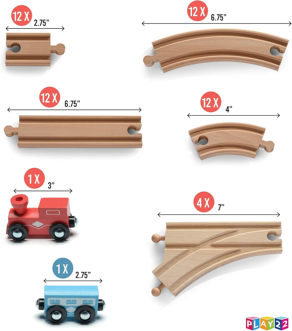 Wooden Train Tracks - 52 PCS Wooden Train Set + 2 Bonus Toy Trains - Train Sets For Kids - Car Train Toys Is
