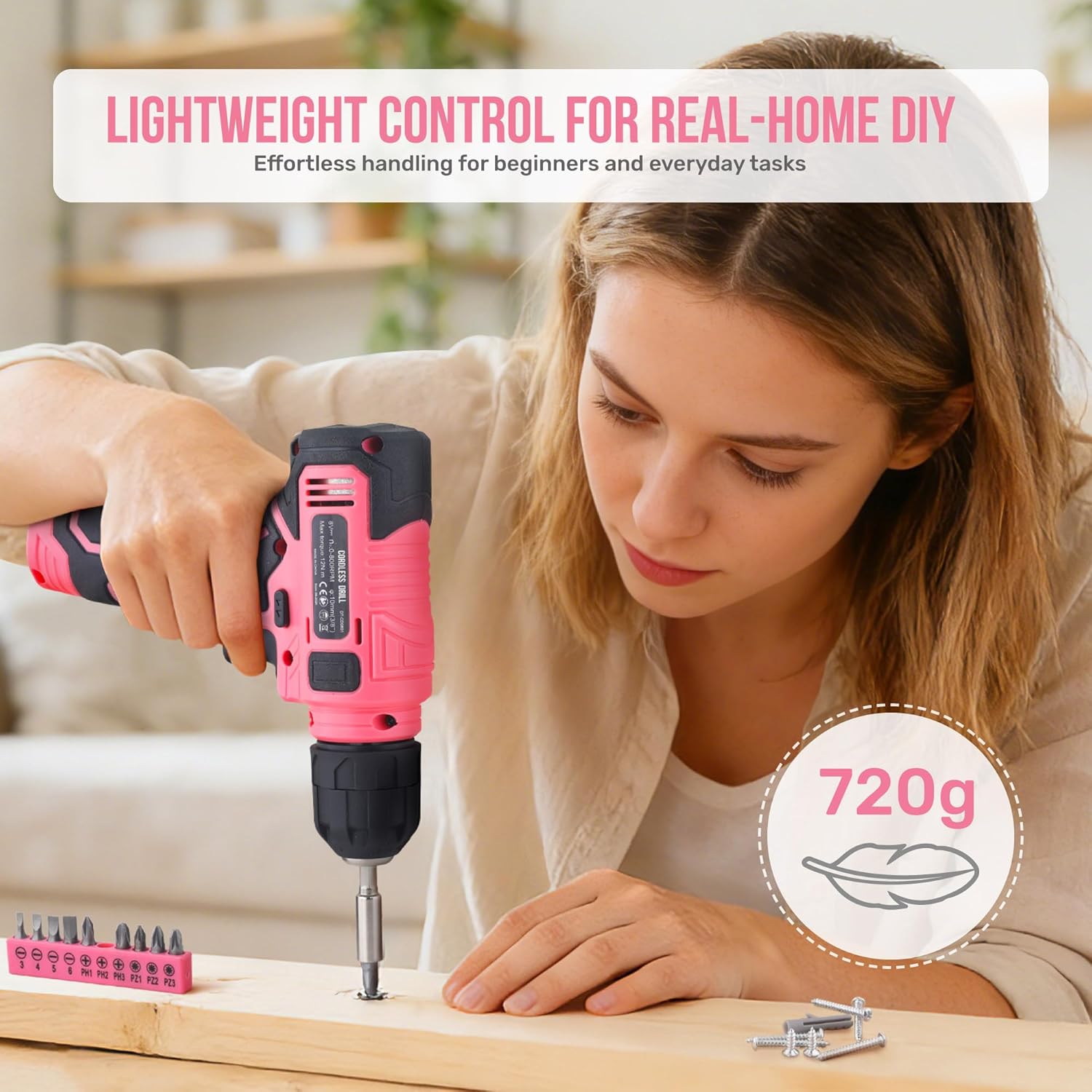 Pink Tool Set with 8V Drill Set. Complete Cordless & Rechargeable USB Electric Drill Driver Kit for Women, Home DIY