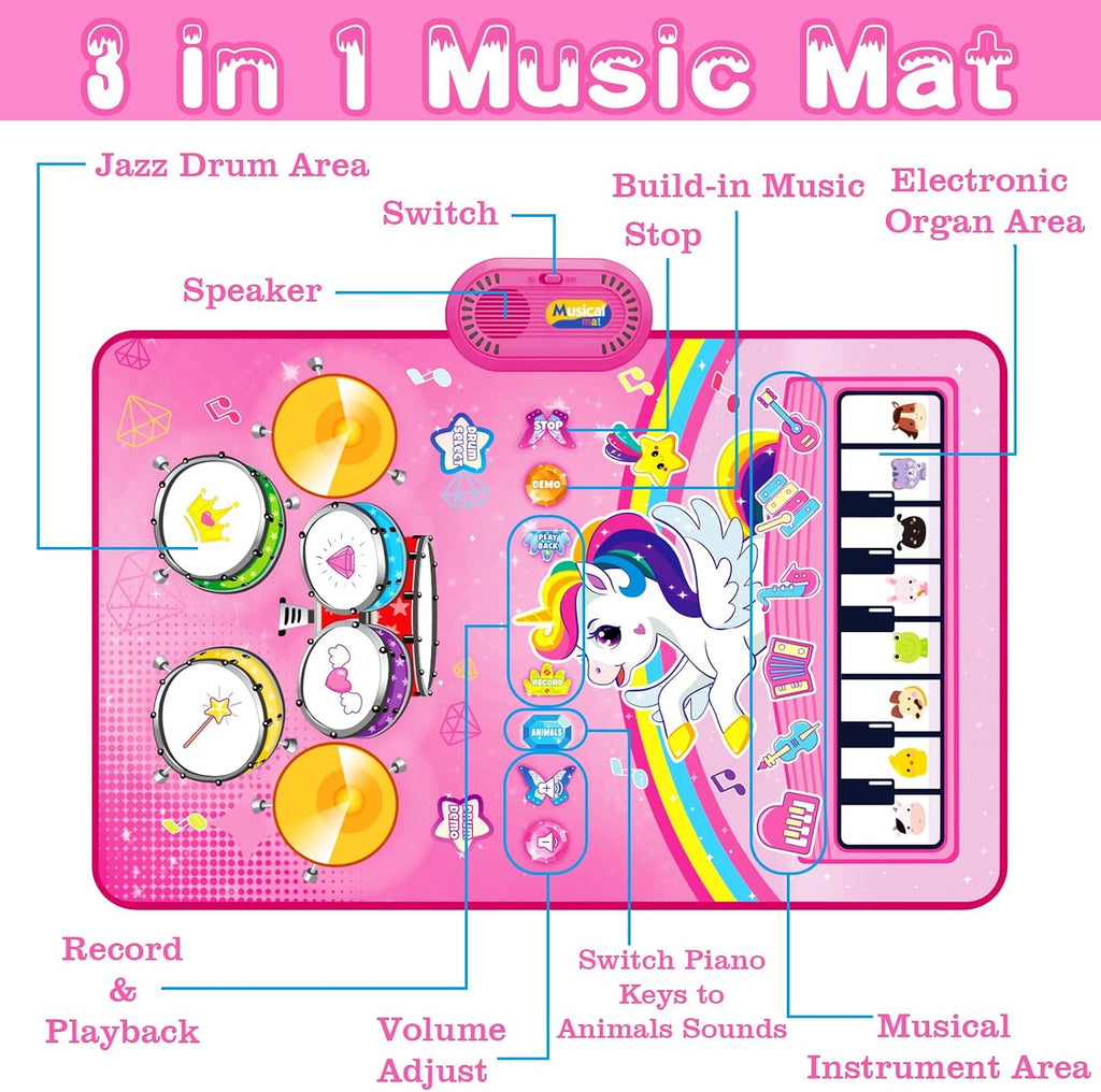 Toys for 1 Year Old Girl Gifts: 3 in 1 Baby Music Mat Toddler Toys Age 1-2 | Piano Drum Animal Touch Unicorn Toy