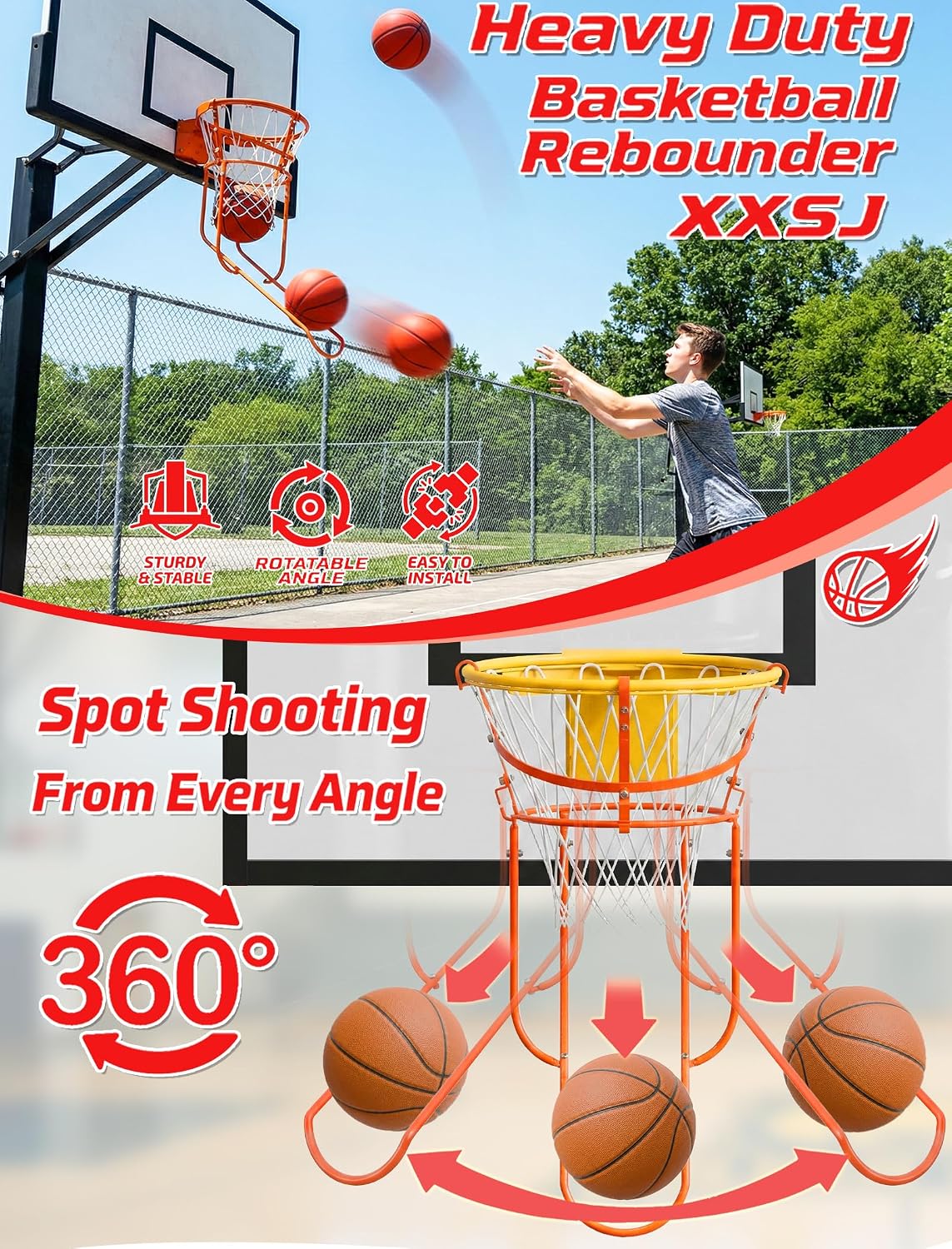 Rotatable Basketball Return Attachment: Heavy Duty Basketball Rebounder with Stable Large Hooks Set for 14"-18" Rim