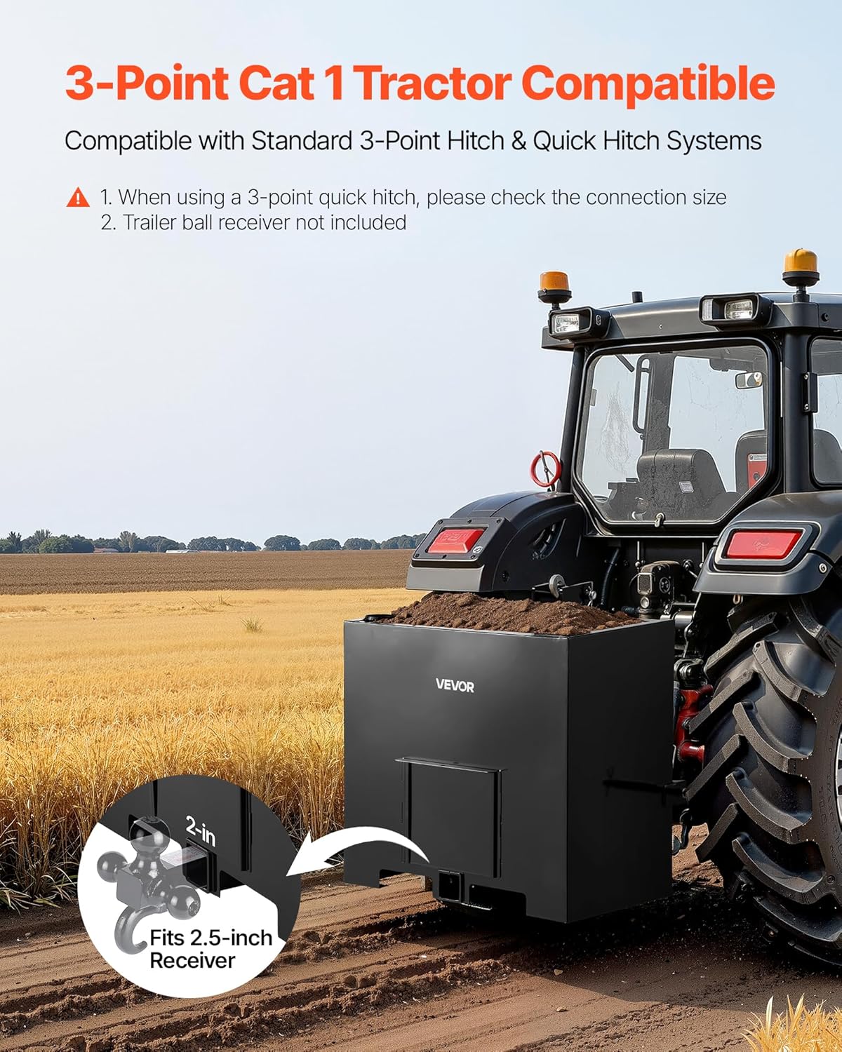 Ballast Box, 3-Point Category 1 Tractor Ballast of 800 lbs Capacity, with Standard 2 Inch Hitch Receiver, Heavy-Duty