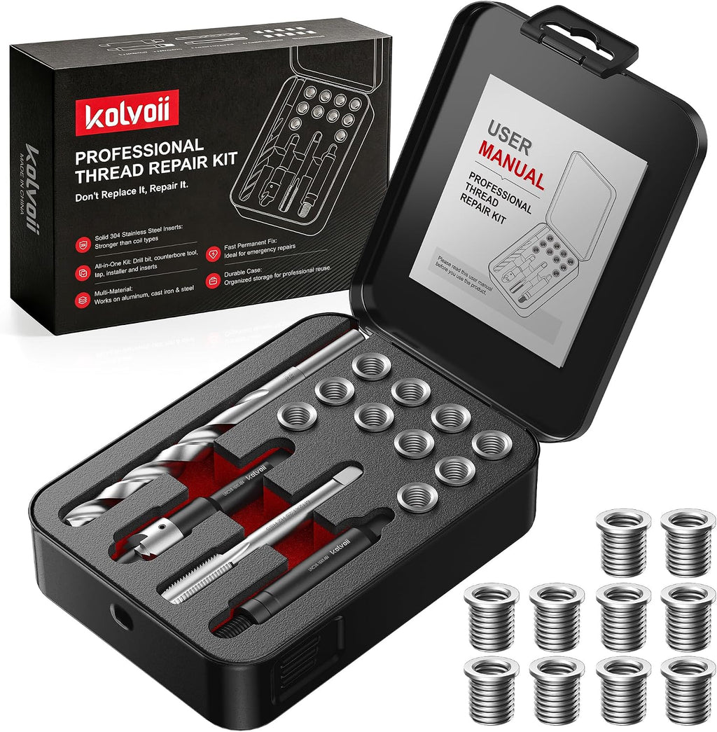 Kolvoii 3/8-16 SAE Thread Repair Kit, 10 Solid 304 Stainless Steel Inserts