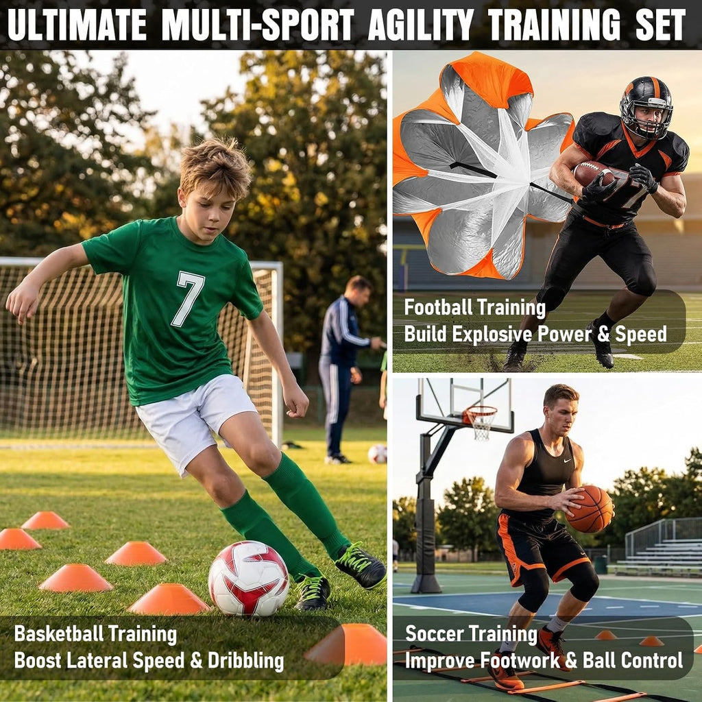 Agility Ladder, Agility Speed Training Equipment Set, 20ft Speed Ladder | 4 Hurdles, 12 Soccer Cones, Jump Rope
