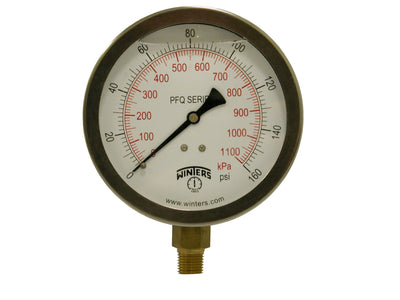 Winters 4" Dial Size, Liquid Filled Industrial Pressure Gauge, Brass Internals, 304 Stainless Steel Case, Dual Scale 0-160 psi/kPa, 1.5% Acc, 1/4" NPT Bottom Mount, Glycerin Filled Pressure Gauge