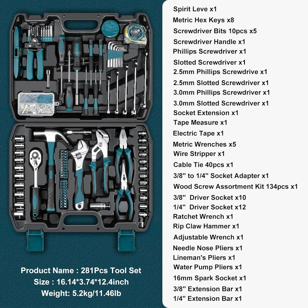 Home Tool Kit 281-PCs - Portable Complete Basic Repair General Hand Tool Sets for Men Women - Full Tool Set with