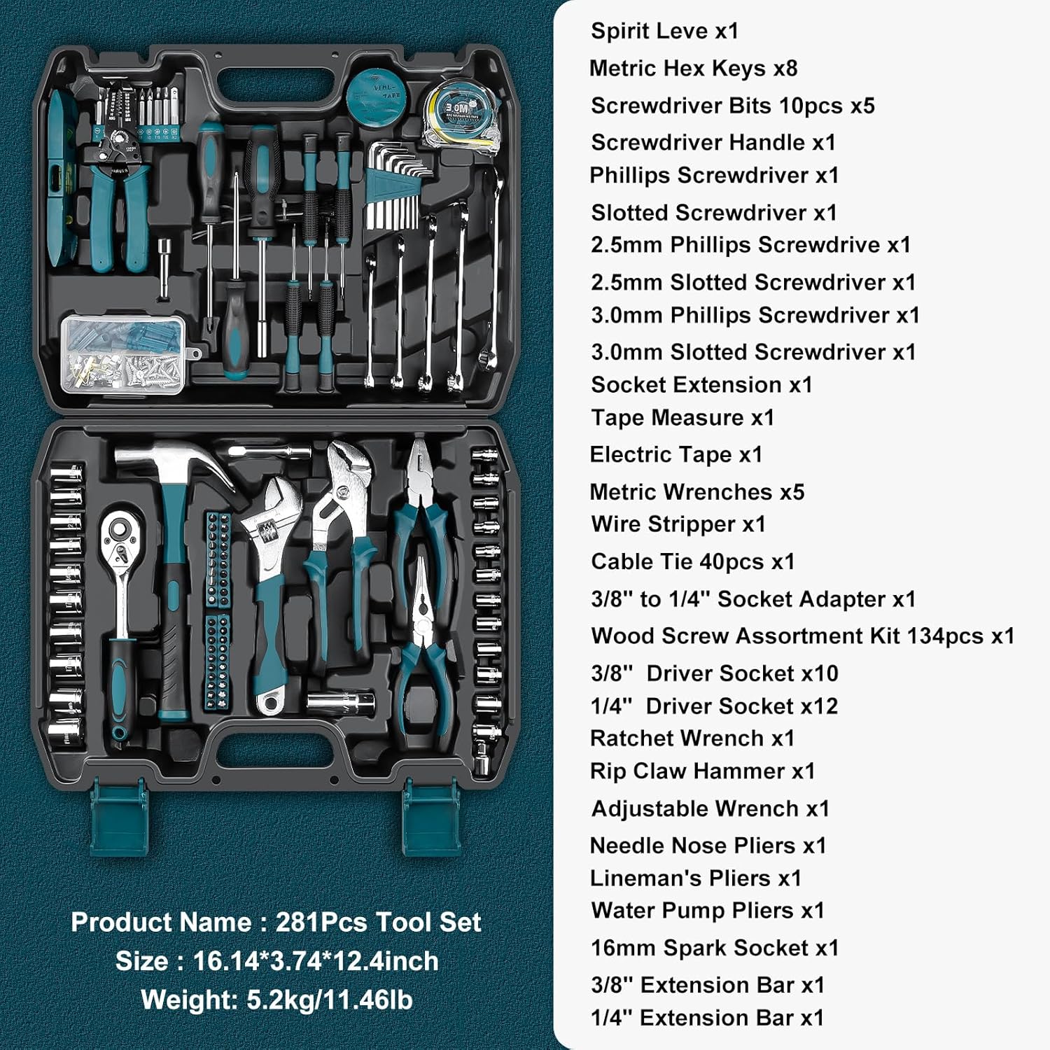 Home Tool Kit 281-PCs - Portable Complete Basic Repair General Hand Tool Sets for Men Women - Full Tool Set with