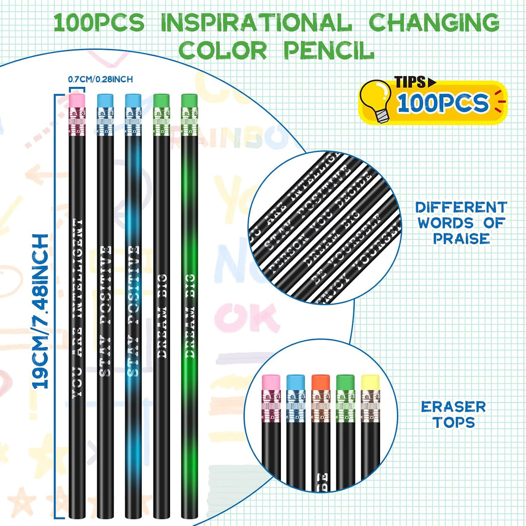 100 Pcs Inspirational Pencils Color Changing Pencils Bulk with Eraser HB Wooden Pens Gift for Kids Back to School