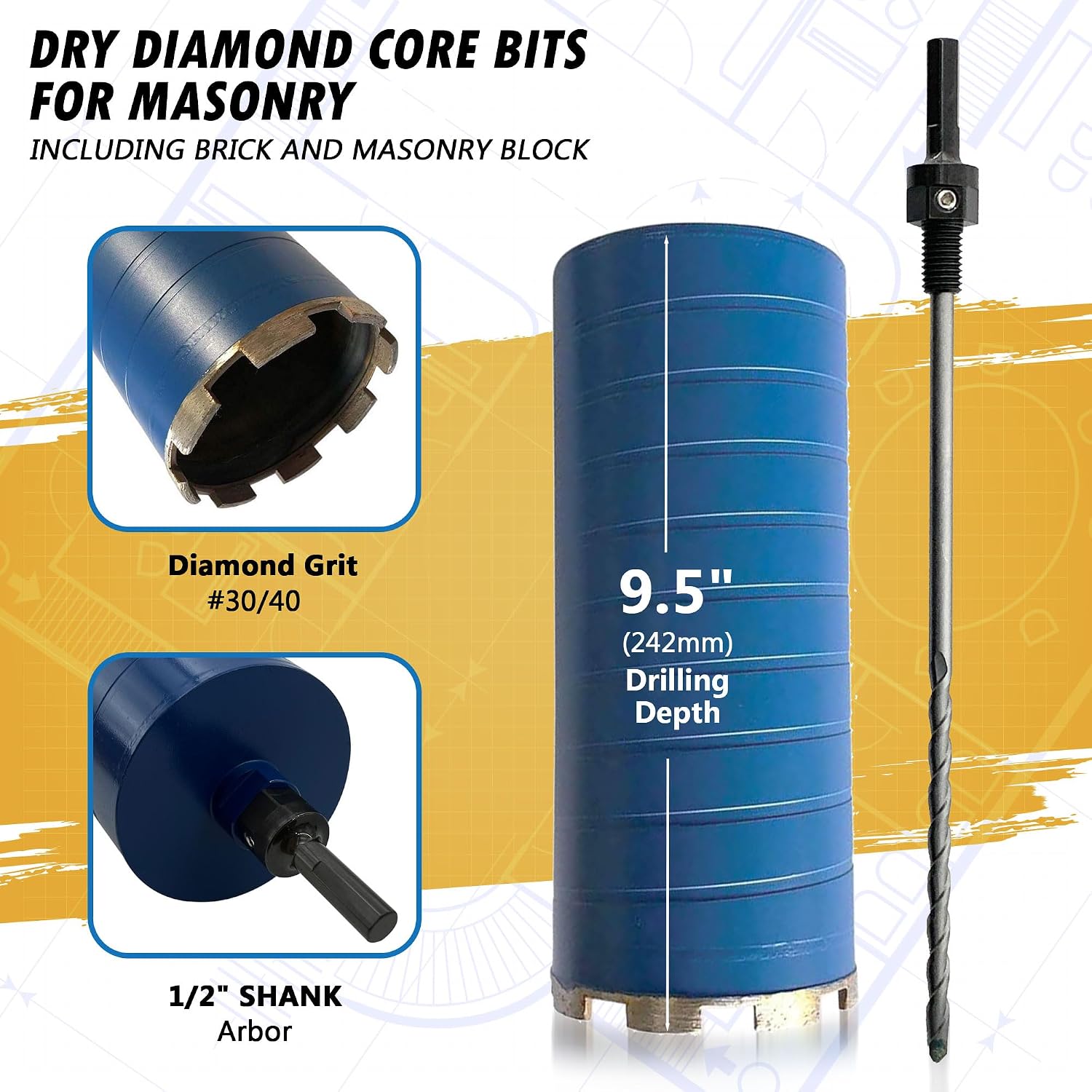 4-1/2" Dry Diamond Core Bit w/Pilot for Brick & Block, 1/2" Chuck | Core drilling into masonry, brick, block, and