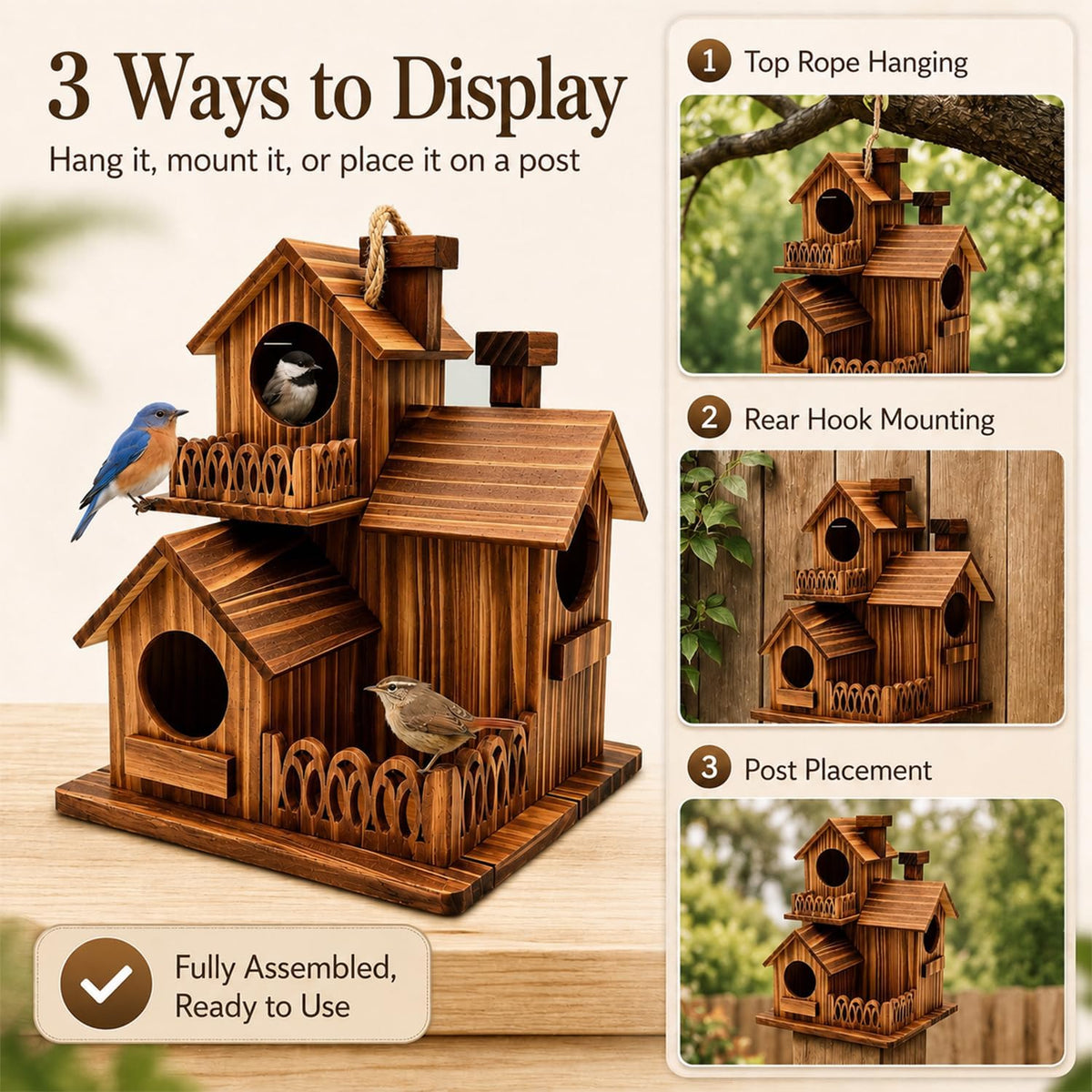Wooden Bird Houses for Outside, 3 Compartments Villa Hanging Birdhouse, Carbonized Pine Nesting Box for Bluebird Wren