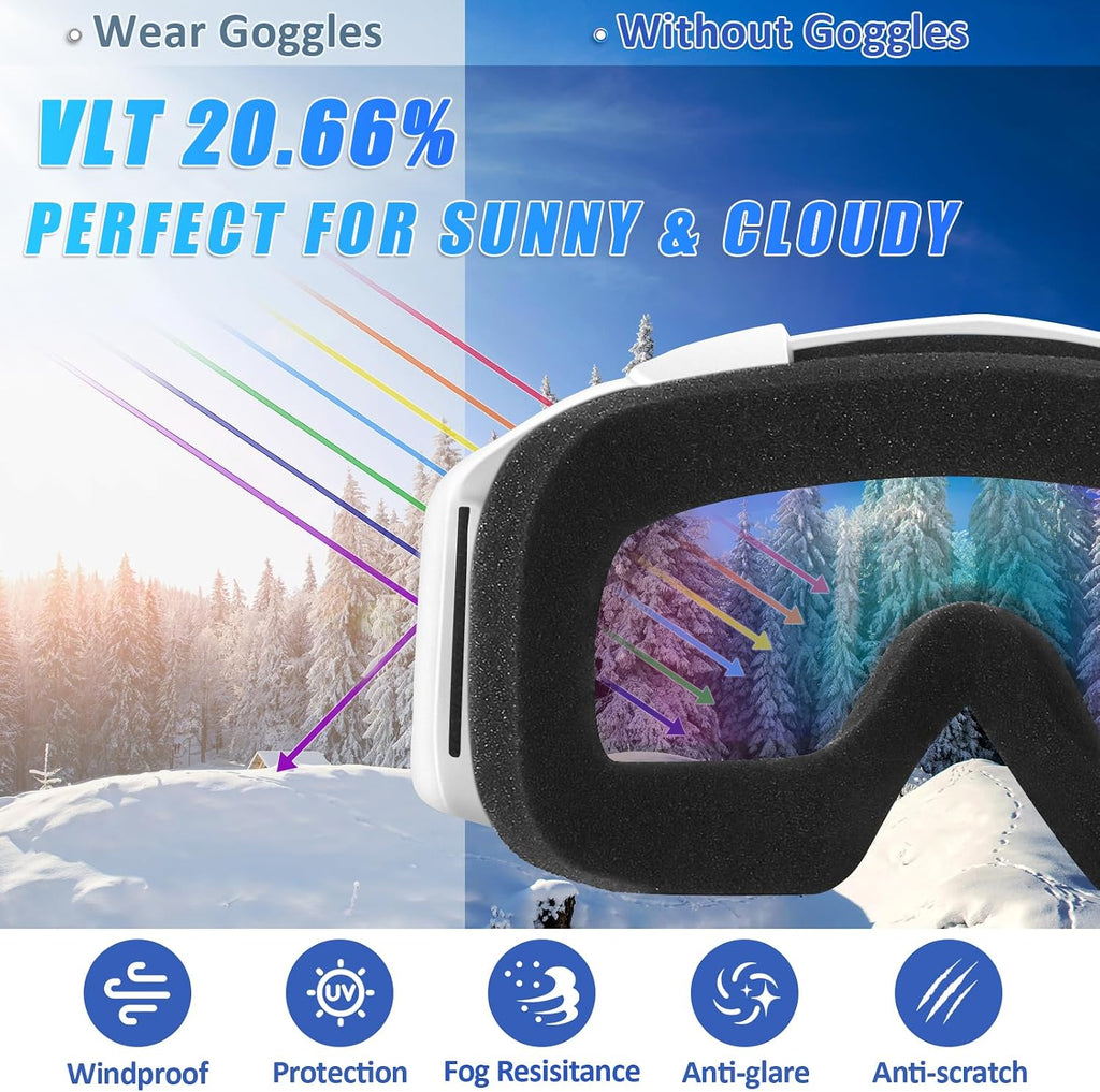 Ski Goggles, OTG Snowboard Goggles for Men Women & Youth, Winter Sport Anti Fog Snow Goggles - UV400 Protection