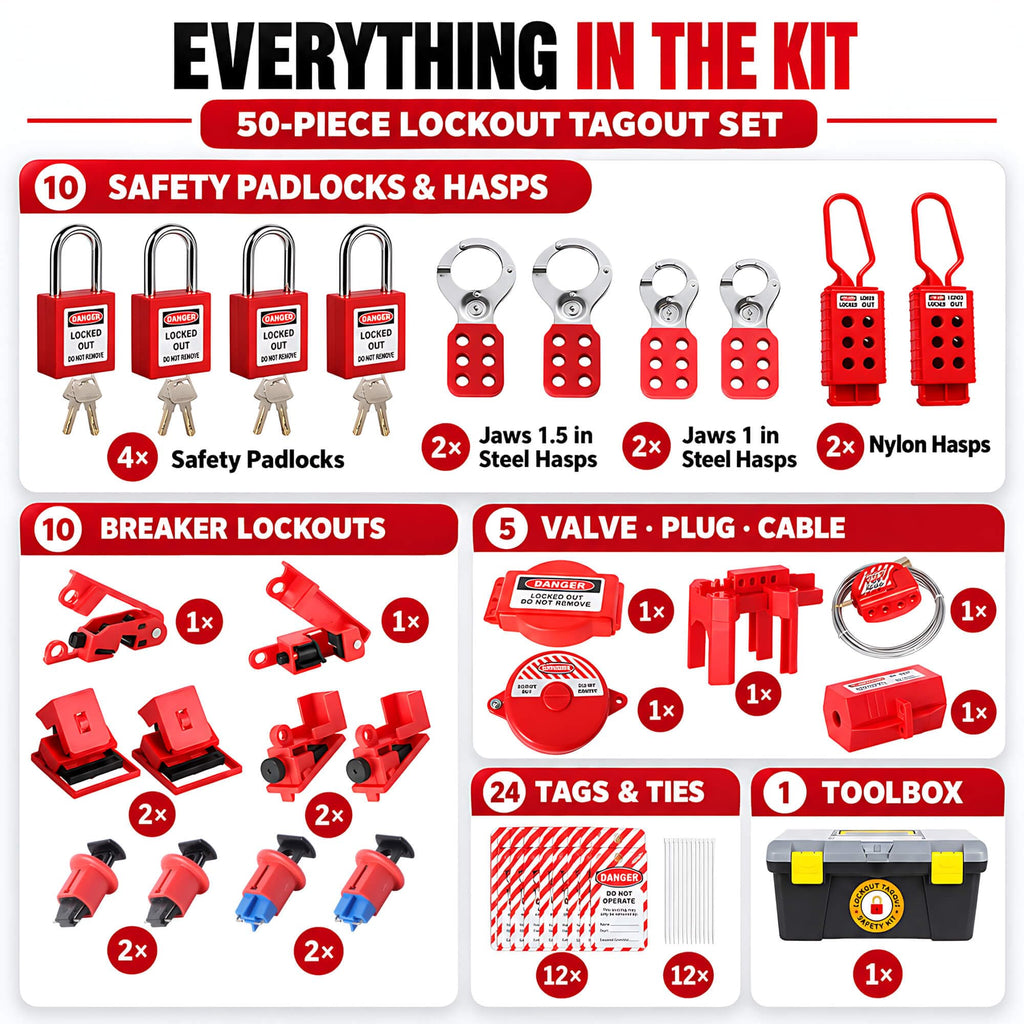 50-Piece Lockout Tagout Kit with 4 Keyed-Different Padlocks & Toolbox