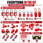 50-Piece Lockout Tagout Kit with 4 Keyed-Different Padlocks & Toolbox