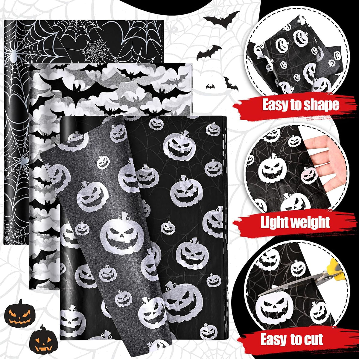 90 Sheets Halloween Tissue Paper Bulks 14 x 20inch Black White Pumpkin Cobweb Bat Gift Wrapping Paper Scary Horror