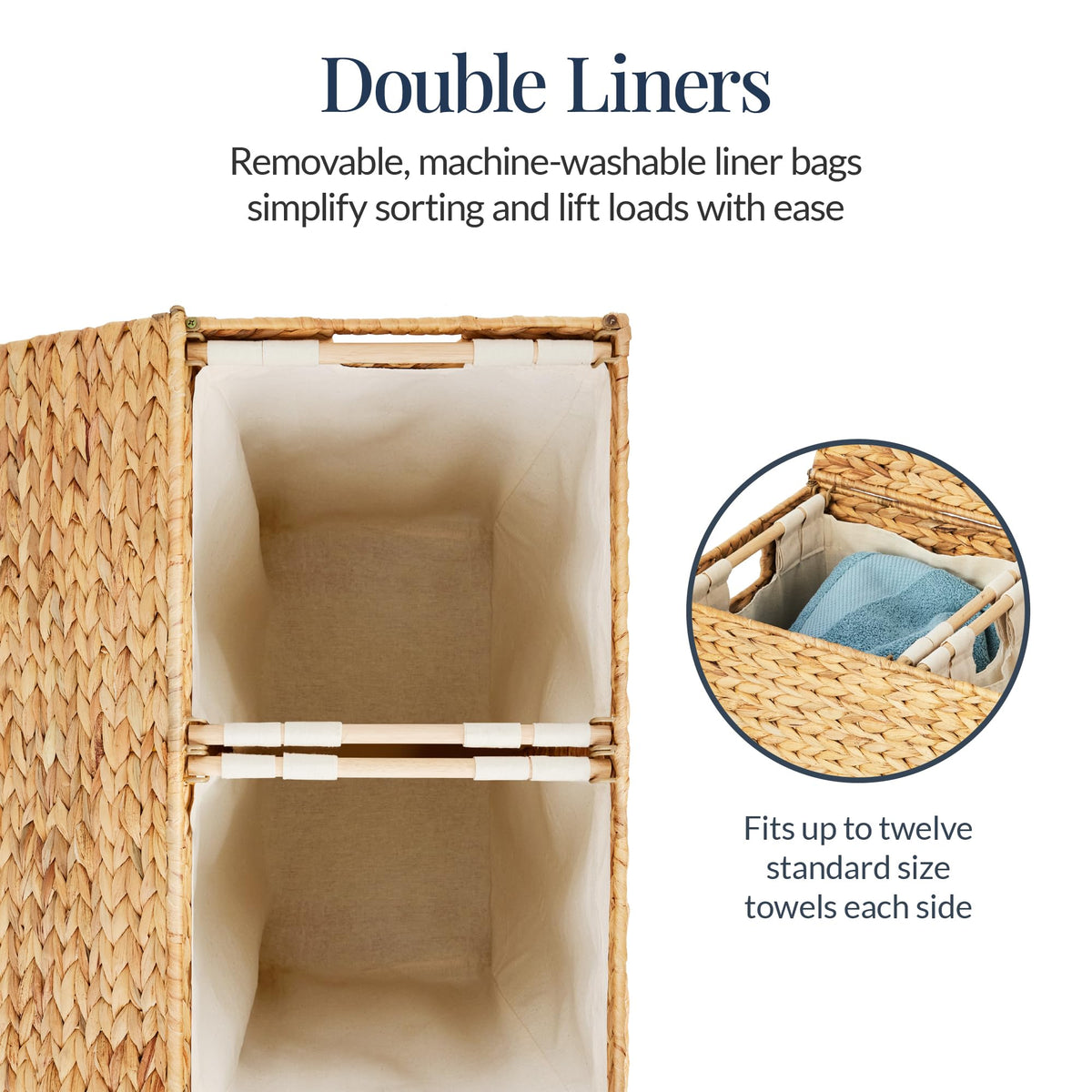 Large Laundry Hamper with Lid, Natural Handwoven Hyacinth Laundry Basket, W/Removeable & Washable Liner Bag