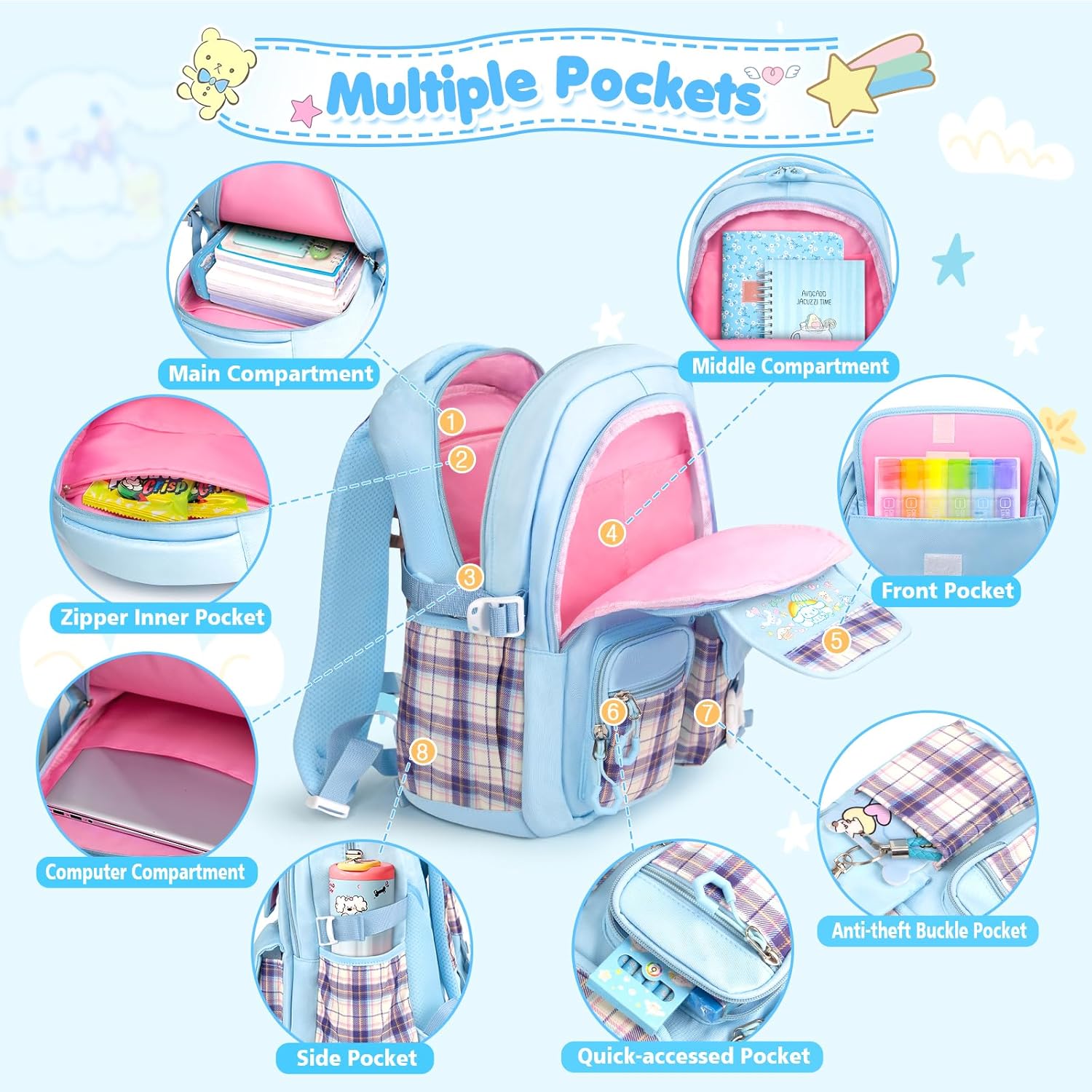 16.5/19IN School Backpack for Girls with 24Pcs Accessories, Anti-Theft Kids Backpack for Students, New Semester