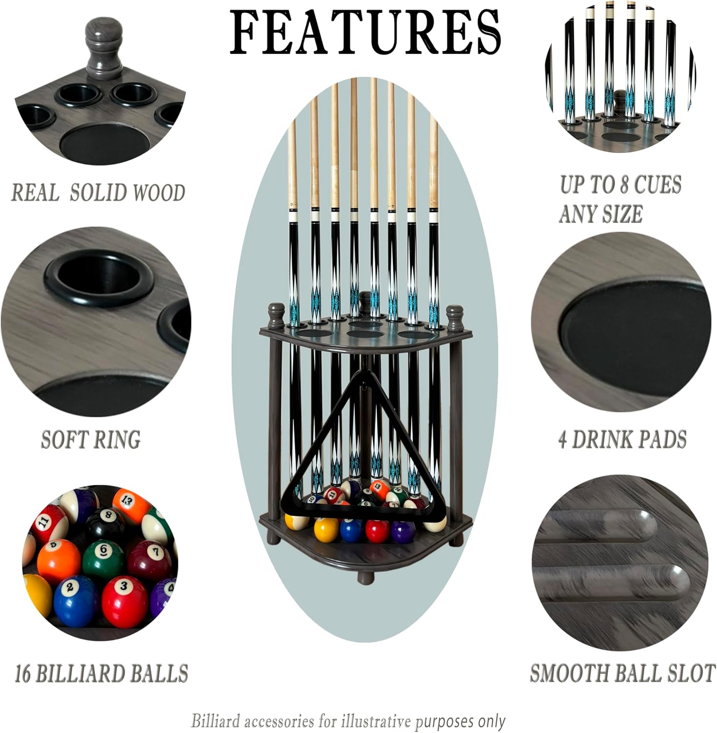 Pool Cue Rack Hold up to 8 Sticks & Billiard Accessories. Floor Stand Pool Cue Stick Holder Made of 100% Solid