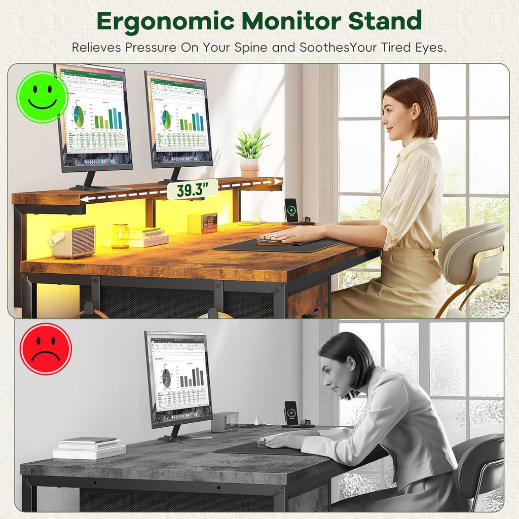 39.3Inch Office Desk with Power Outlet & Drawer, Gaming Desk with CPU Stand& LED Lights,Computer Desk with Ergonomic