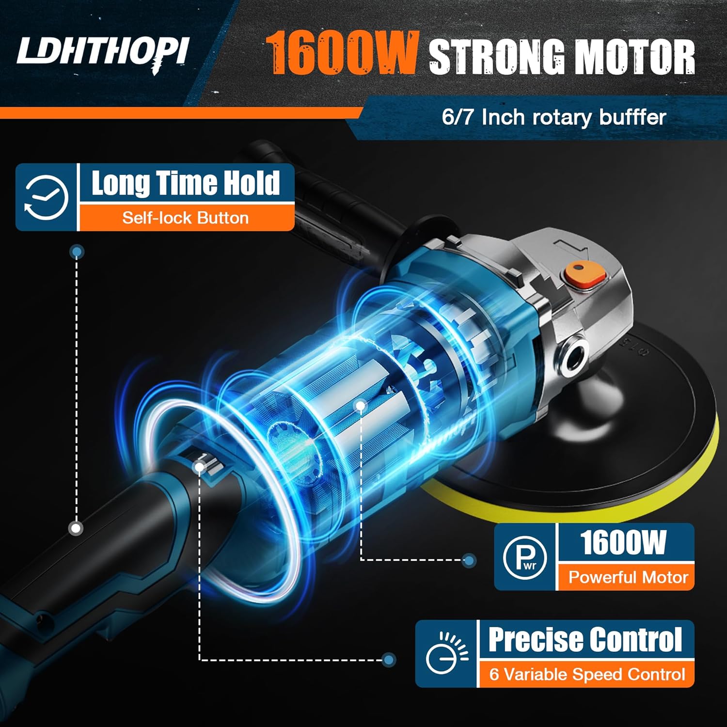 Buffer Polisher, 1600W 7 Inch/6 Inch Rotary Buffer Polisher Waxer, 7 Variable Speed 1000-3500 RPM, Detachable Handle