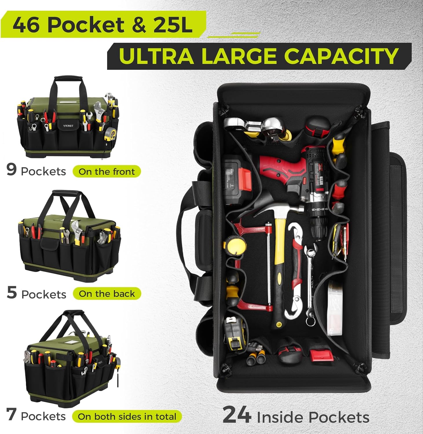 Heavy Duty Tool Bag 16-Inch, 46 Pockets Electrician Tool Bag for men with Hard Bottom & Waterproof Pocket, 1680D