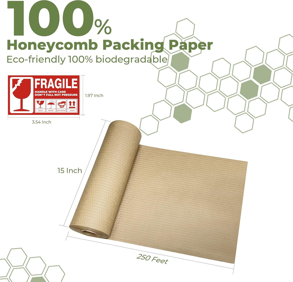 Honeycomb Packing Paper Wrap 15"x250', Substitute Alternative Bubble Wrap | Eco-Friendly Recyclable Moving Supplies