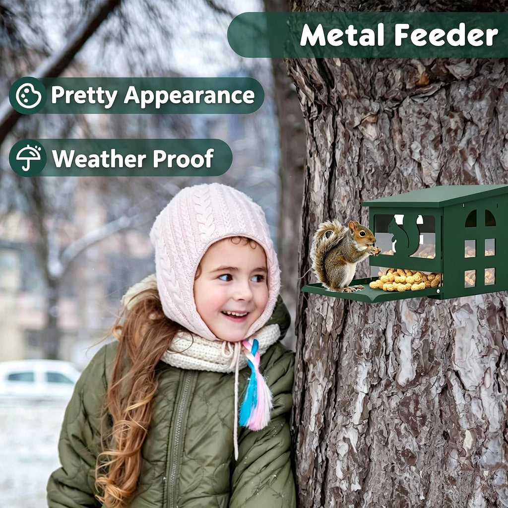 Squirrel Feeder for Outside, Durable Full Metal Squirrel Food Box, Large Capacity Chipmunk Feeder, Weather-Proof