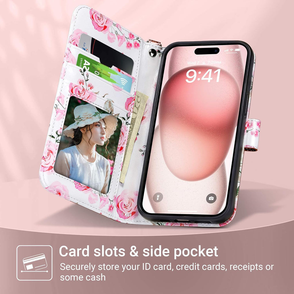 Compatible with iPhone 15 Wallet Case for Women, Premium PU Leather Floral Flip Cover with Card Holder, Kickstand