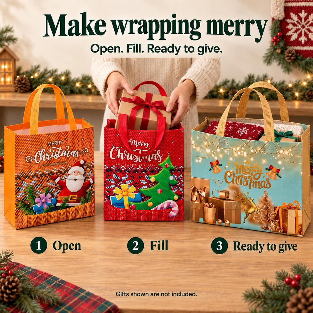20 Pack Christmas Gift Bags Assorted Sizes with Handles, Non-Woven