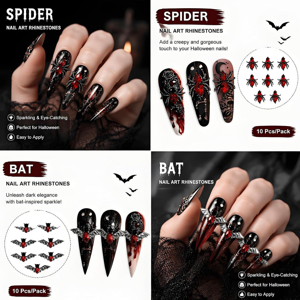 Halloween 3D Bat Spider Nail Art Charms Rhinestones 20 Pcs