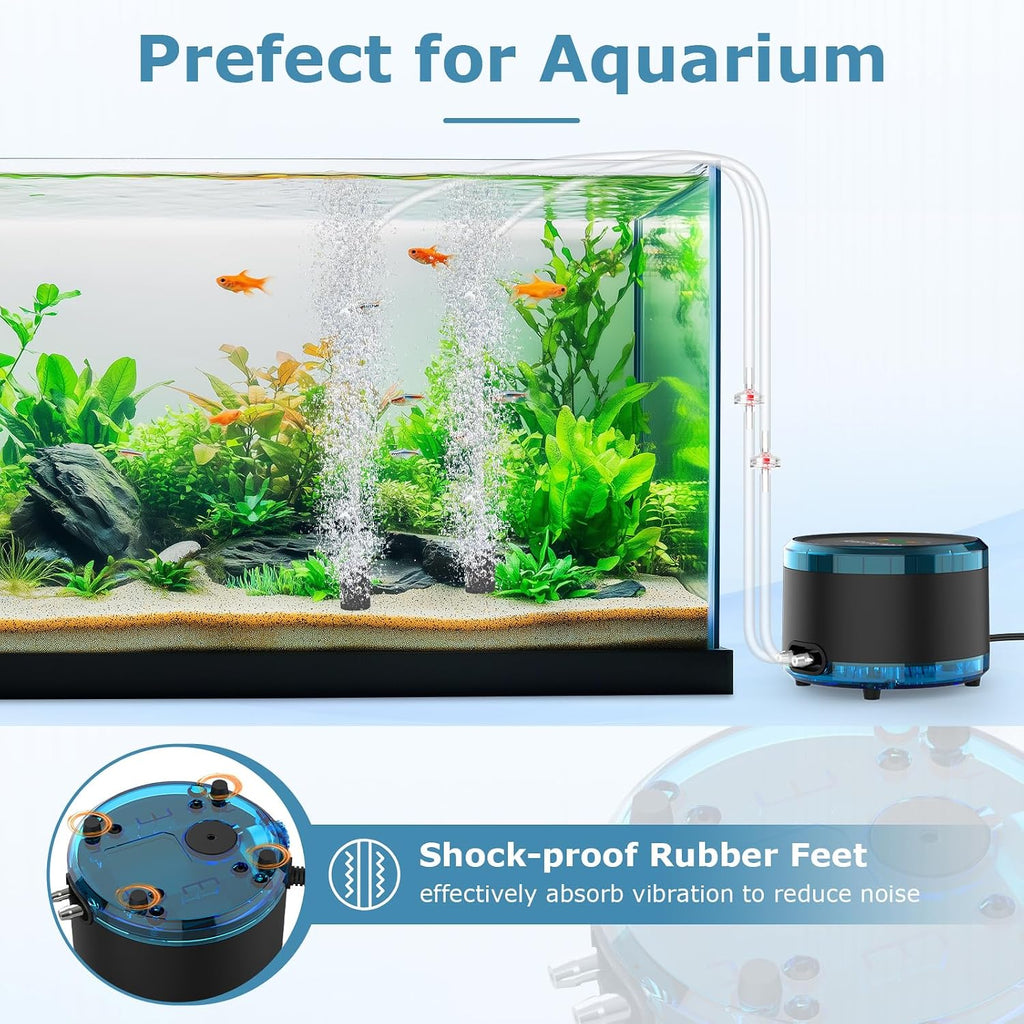 Aquarium Air Pump Dual Outlet, Quiet Powerful Fish Tank Aerator 4W/8W, Adjustable Oxygen Pump with Air Stone, Bubbler