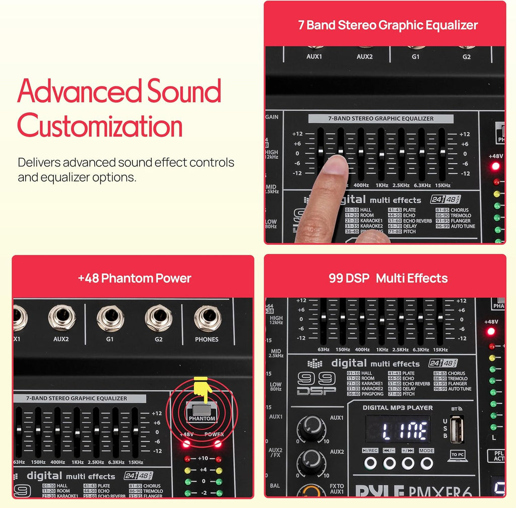 6 Channel Professional DJ Mixer Controller - 7-Band Graphic EQ, 99 DSP Effects, Bluetooth, USB Recording, +48V