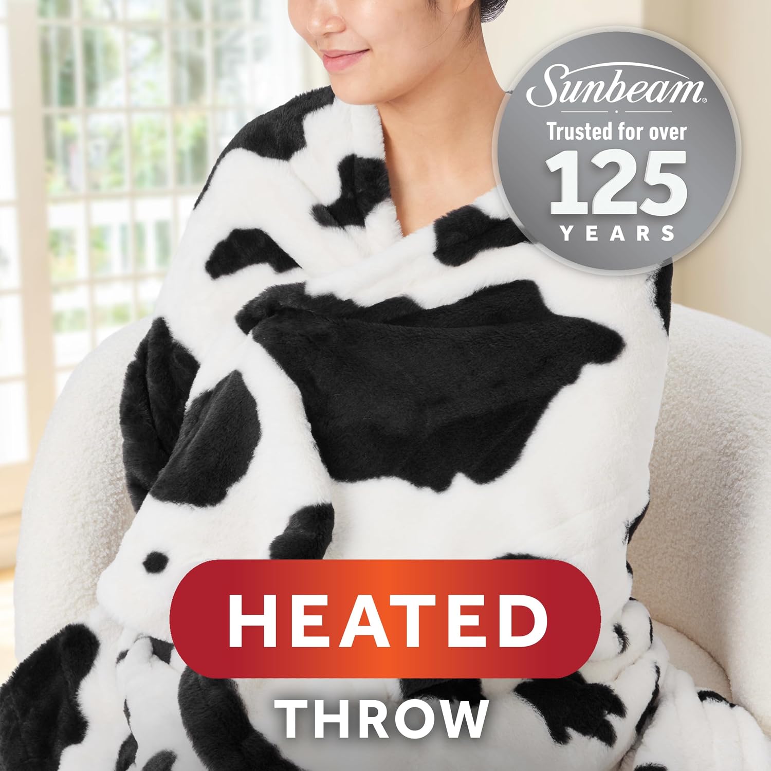 Heated Throw Blanket Faux Fur 4 Heat Cow Print 50x60