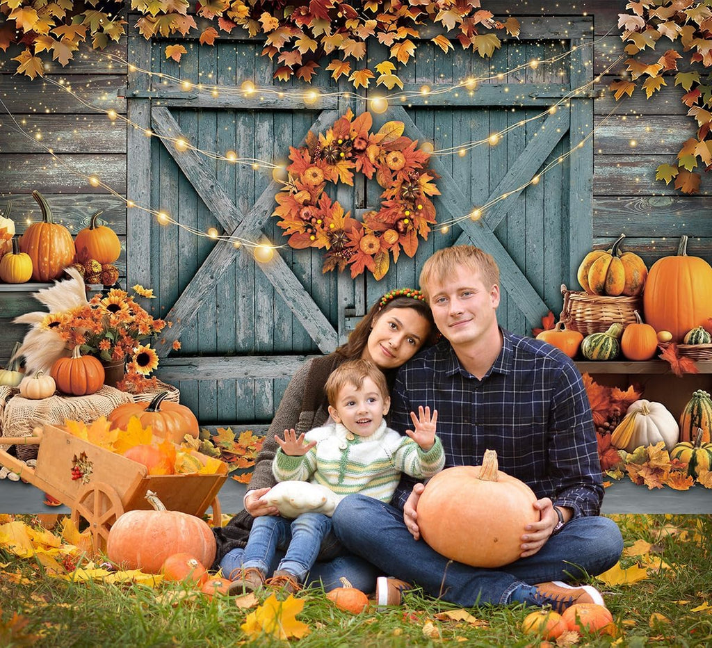 Fall Thanksgiving Backdrop Rustic Barn Door Autumn Pumpkin Harvest Photography Background Maple Leaves Garland