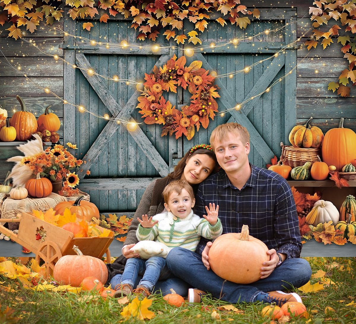 Fall Thanksgiving Backdrop Rustic Barn Door Autumn Pumpkin Harvest Photography Background Maple Leaves Garland