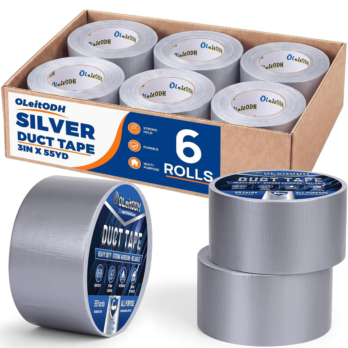 Silver Gray Duct Tape Bulk, 3 Inches x 55 Yards, 6 Pack