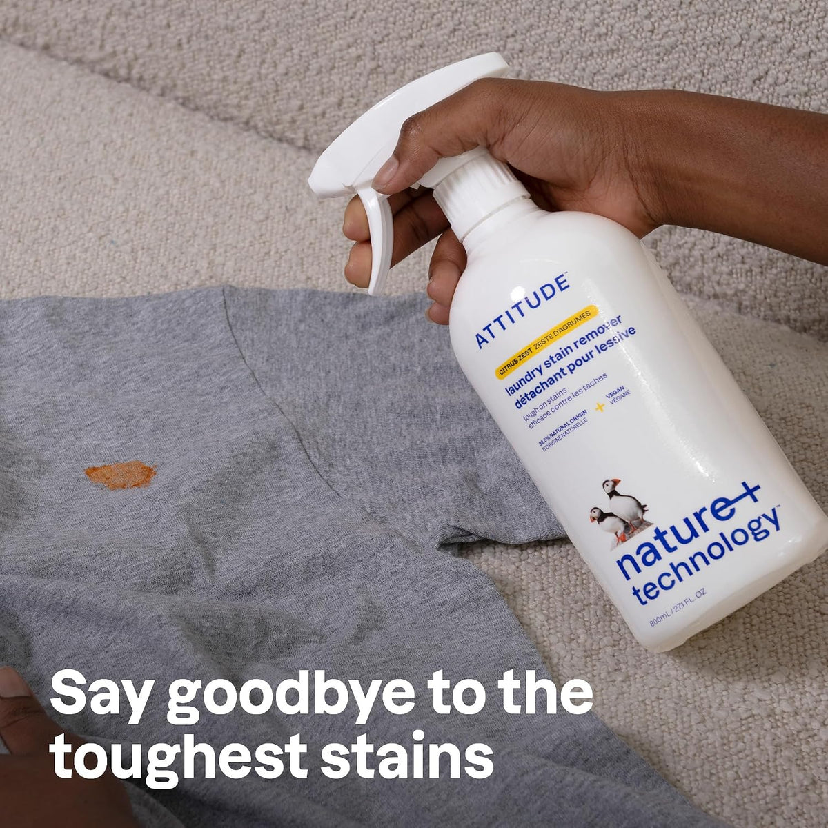 ATTITUDE Laundry Stain Remover Spray, Plant Based, Citrus Zest, 27 oz