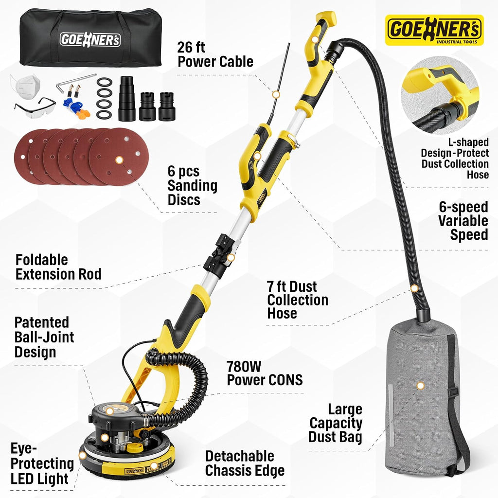Drywall Sander, Electric Drywall Sander with Vacuum, Automatic Dust Removal, 7 Variable Speed, 900-1800RPM, 26’ Power