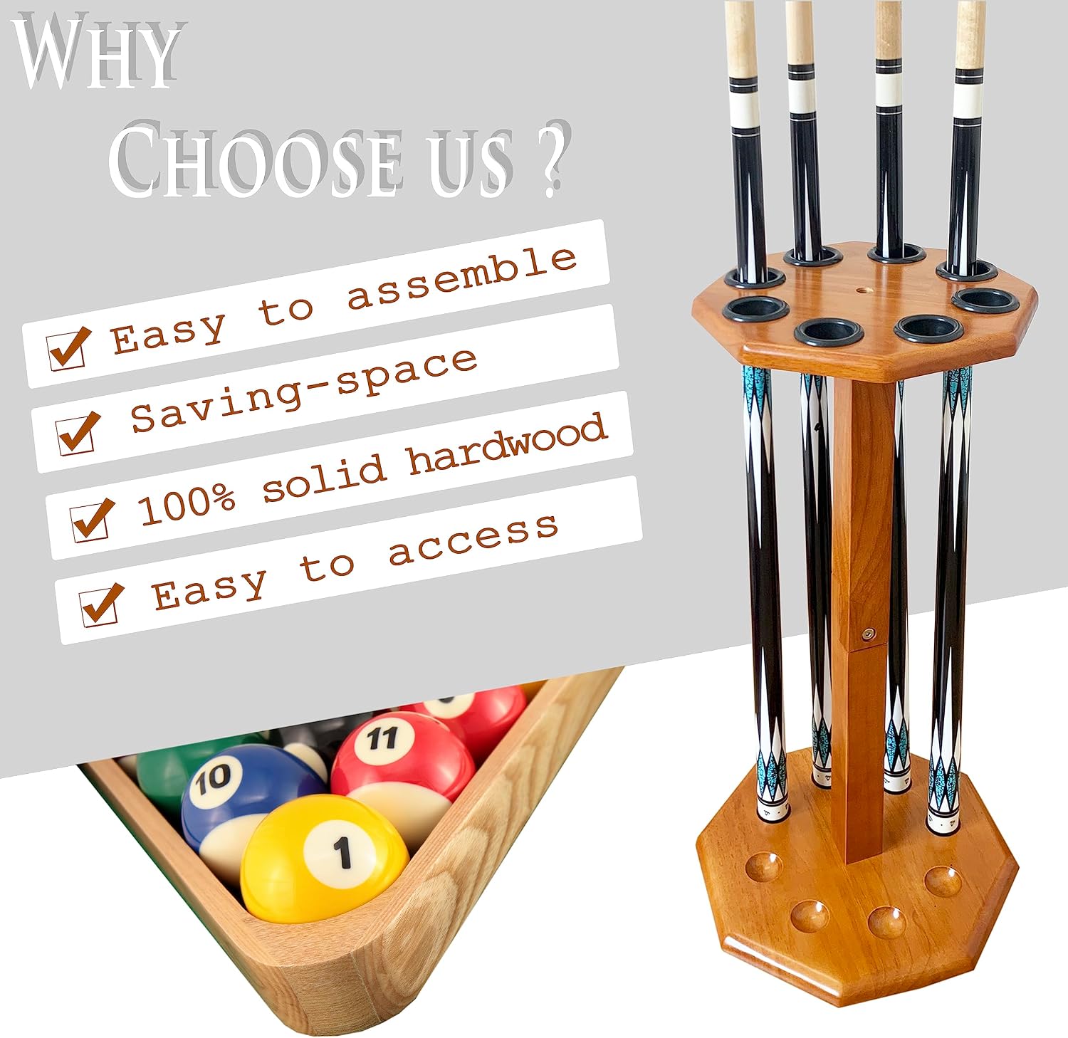 Freestanding Billiard Cue Rack, Pool Table Accessories Hold 8 Cues, Pool Cue Stick Holder, Wooden Floor Stand Pool