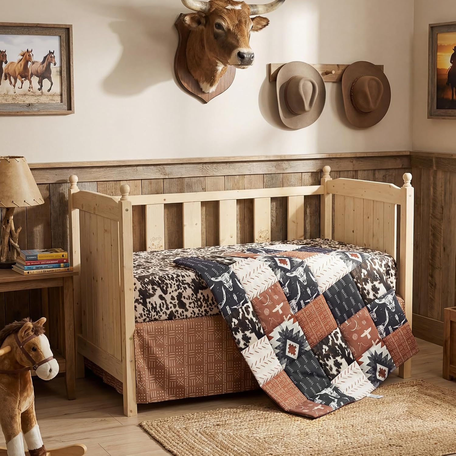 3 Pcs Western Cowboy Baby Crib Bedding Western Quilt Fitted Sheet Skirt Soft Flannel Nursery Bedding for Baby Boys