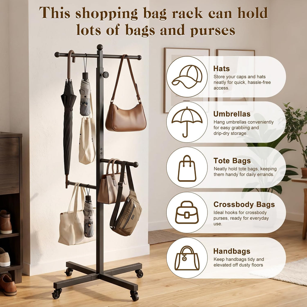 Bag Rack Stand with Wheels, 46-59" Adjustable Shopping Bag Rack, Black